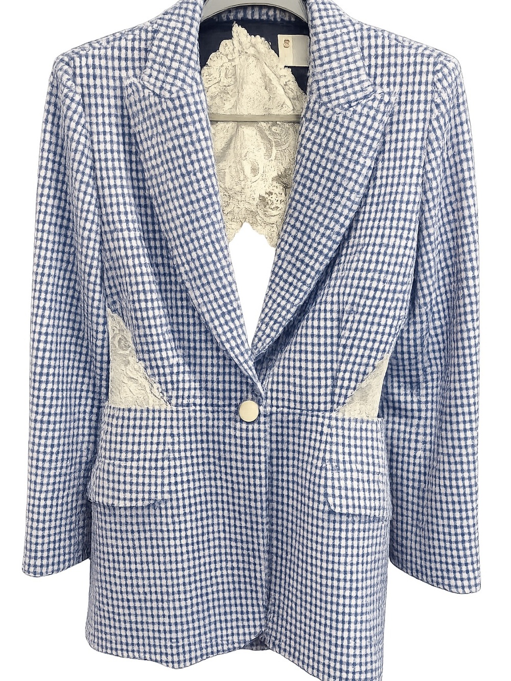 Kensie Blue & White Gingham Lace-Trim Blazer Cut out Back Statement  Wool SZ 12
